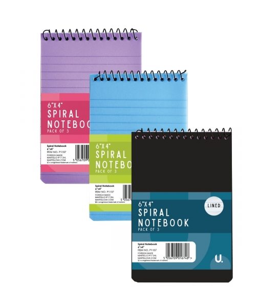 Spiral Notebook 6"x4" 3pk Colour Asst 1