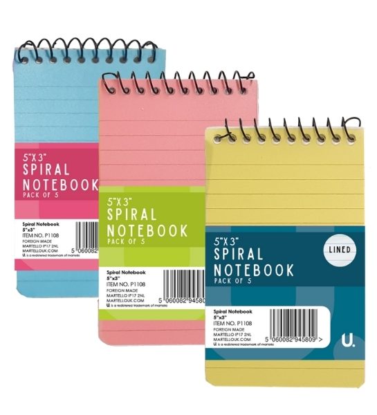Spiral Notebook 5"x3" 5pk Colour Asst