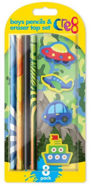Boys Pencil & Eraser Set, 8pk