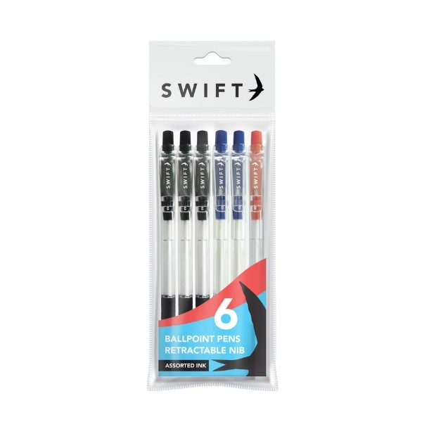 Retractable Ballpoint Pens 6pk Assorted in pouch