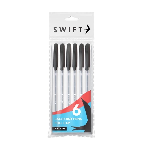 Pull Cap Ballpoint Pens, 6pk Black in pouch