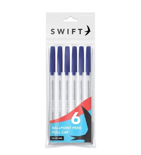 Pull Cap Ballpoint Pens, 6pk Blue in pouch