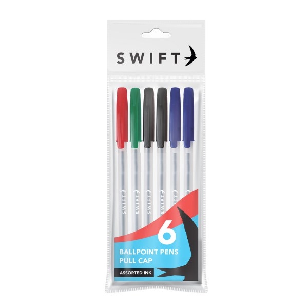 Pull Cap Ballpoint Pens, 6pk Assorted in pouch